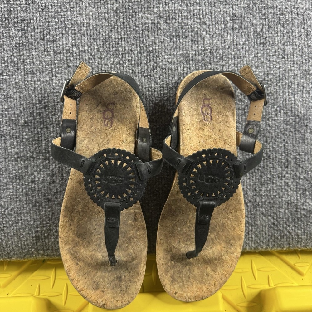 UGG Thong Sandals Womens Size 7 Black Leather Cork Footbed Logo 1020063